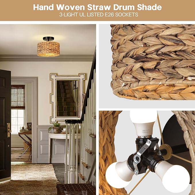 Boho Light Fixtures,11.8'' Rattan Semi Flush Mount Ceiling Lights Fixture，Farmhouse Drum Ceiling Light for Hallway Bedroom Kitchen Nursery Entryway