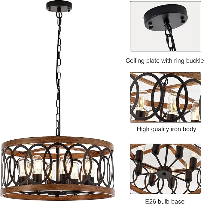 8-Light Farmhouse Drum Pendant Light,19.68'' Nature Wood Texture Vintage Rustic Chandeliers Black Metal Industrial Hanging Light Fixtures for Entryway, Bedroom Dining Room