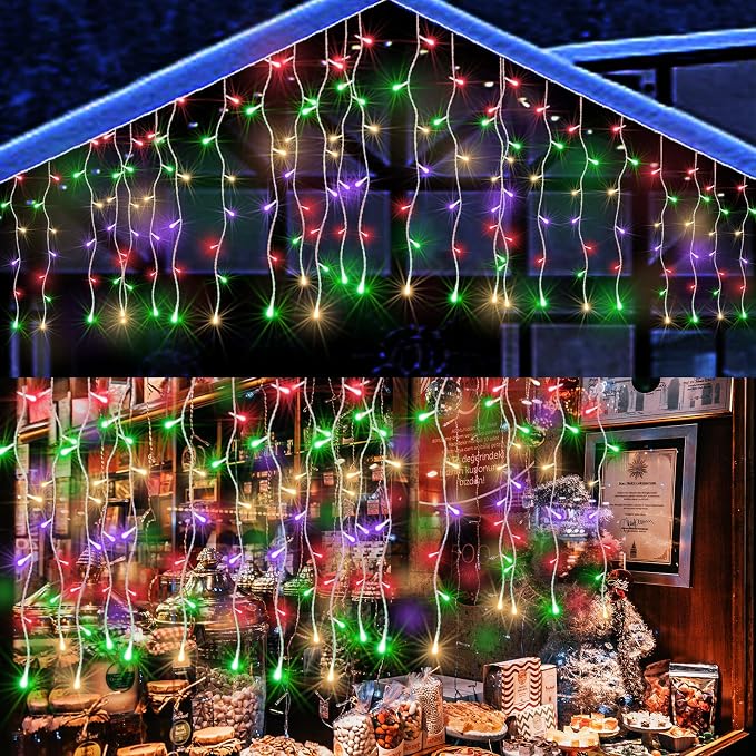 AWQ 400LED 32Ft Icicle Lights Curtain Fairy Light Christmas String Lights Outdoor Dripping Lights 8 Modes for Christmas Thanksgiving Wedding Party Home Bedroom Indoor Outdoor Decor (Multicolor)