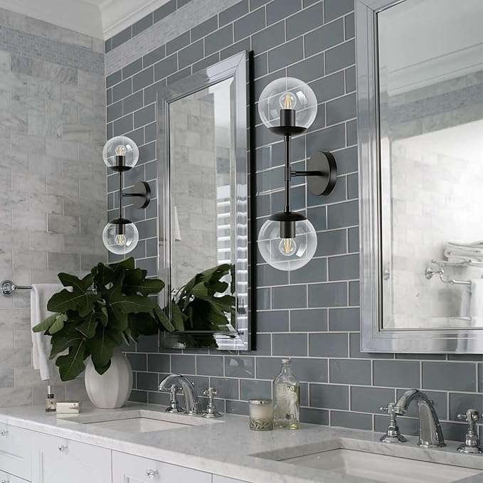 KoKo&Yukina 2 Pack Mid Century Modern Bathroom Vanity Light Matte Black Vanity Lighting Fixtures Modern Wall Sconce 2-Lights Globe Vanity Light with Clear Glass Shade for Bathroom(Bulb Incl.)