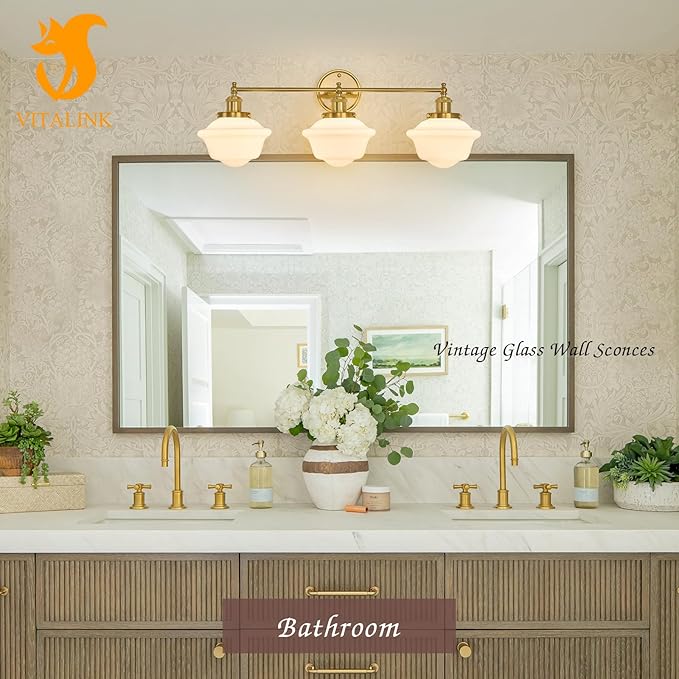 VitaLink 29.5" Bathroom Vanity Light, 3-Light Vintage Golden Bathroom Wall Light Fixtures Hardwired Milk White Glass Wall Sconces for Bedroom Living Room Hallways