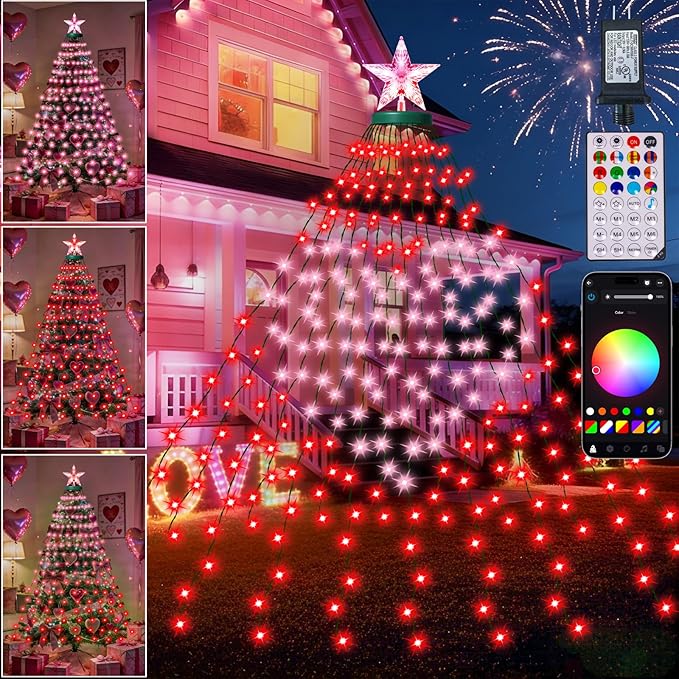 Smart Valentine's Day Lights with Star Topper, APP Control Music Sync Color Changing RGB Christmas String Lights, Cascading Twinkle Lights for Indoor Outdoor Xmas Tree Decorations