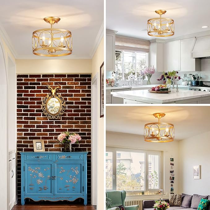 LOOYD 3-Light Semi Flush Mount Ceiling Light Fixture, Farmhouse Ceiling Light for Kitchen Bedroom, Living Room, Kitchen, Hallway (Gold)