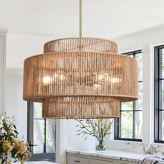 Large Rattan Chandelier 23.62" Boho Chandelier for Dining Room 3-Tier Hand Woven Boho Light Fixture 6 Light Modern Farmhouse Chandelier Kitchen Island Lighting