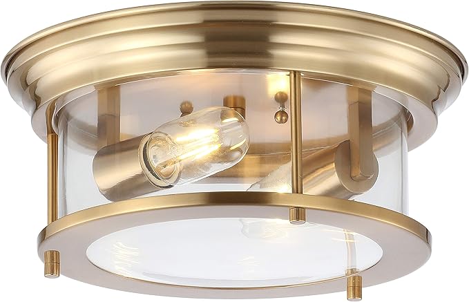 JONATHAN Y 13.25" Brass Gold 2-Light LED Flush Mount Ceiling Light Fixture, Modern Clear Glass Drum Shade, Industrial Farmhouse Lighting for Kitchen Hallway Bedroom JYL7446A