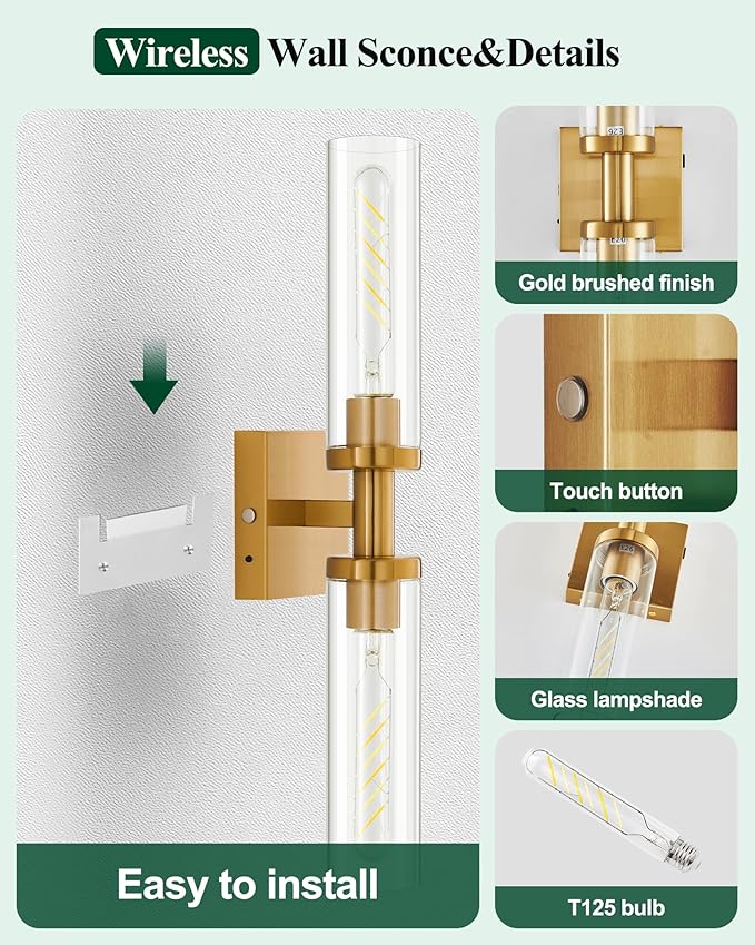 Gold Wireless Battery Operated Wall Sconces Set of 2，Glass Rechargeable Wall Lamps with Remote, Cordless Battery Powered Decor Lights Fixture for Bathroom Living Room Bedroom Hallway Entryway