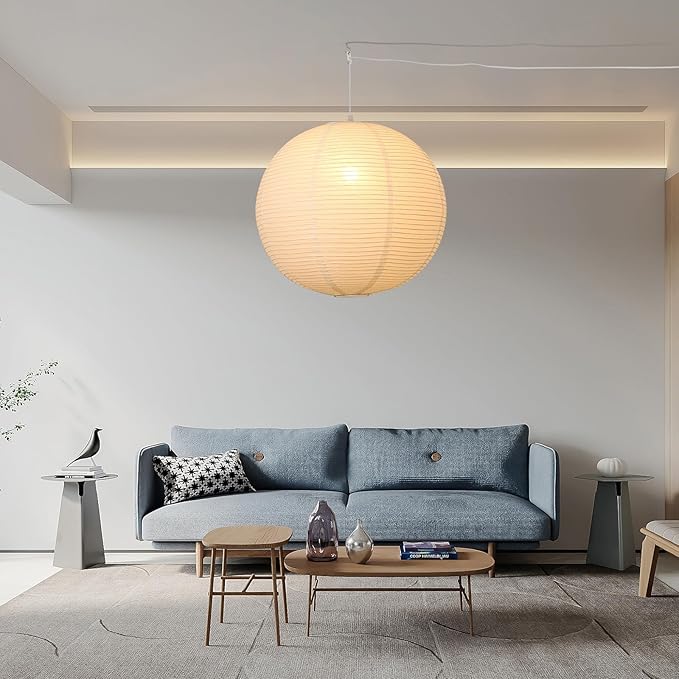 Paper Lantern Lamp Plug in Hanging Lamp 23.6in White Rice Paper Pendant Light with 19.7FT Cord Large Globe Japanese Japandi Wabi Sabi Chandelier for Dining Living Room Bedroom Office 1 Pack
