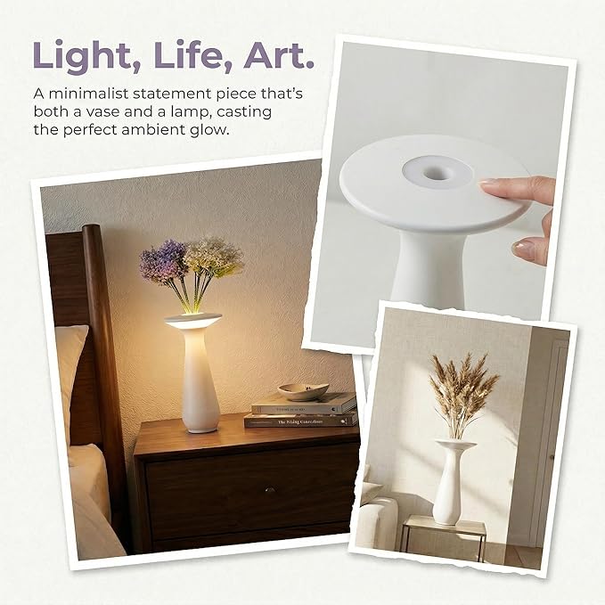 Flower Vase Lamp, Cordless Touch Control Bedside Lamp, Modern Floral Table Lamp for Bedroom Living Room,Gift for Mom, Wife, Grandma,Decorative Nightstand Lamp for Bedroom Decor
