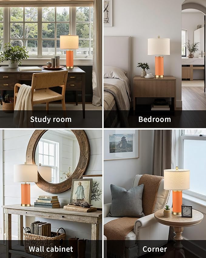 KDG 23.4" Orange PU Leather Table Lamps for Living Room Set of 2, E26 Socket LED Modern Home Decor Fabric Lampshade Desk Lamp Lighitng for Bedroom, Bedside, Farmhouse, Nightstand, Night Light