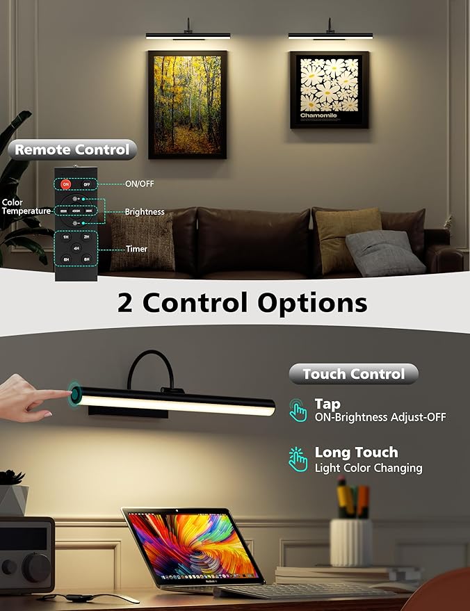 VOLISUN Picture Lights for Wall, 16 inch Rechargable Picture Light Battery Operated, 3 Color Temperatures Cordless Picture Light with Remote, Art Light for Paintings, Gallery, Portrait, 2 Pack (Black)