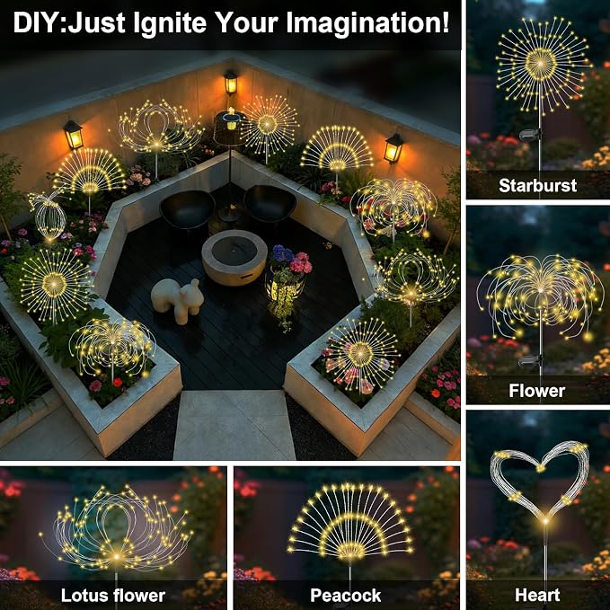 Solar Garden Lights Outdoor, 6 Pack 120 LED Twinkling Firework Lights Decorative with 2 Modes, Outdoor Waterproof Solar Starburst Light for Yard Pathway Planter Patio Decor, Warm White