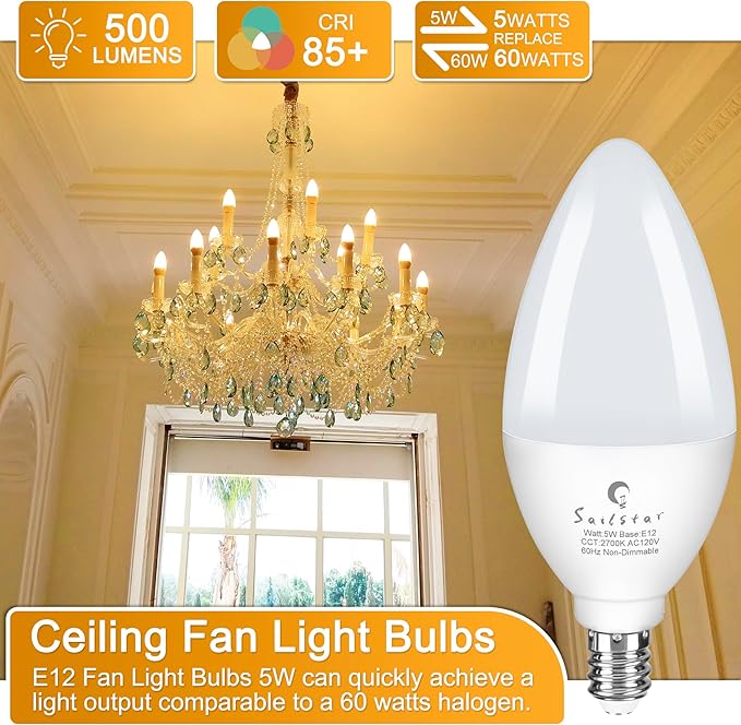 Sailstar E12 LED Bulb 60W Equivalent, 500 Lumens, Ceiling Fan Light Bulbs Soft White 2700K, Type B Light Bulb 5W, CRI 85, B11 Small Base Candelabra LED Light Bulbs, Non-dimmable, Pack of 10