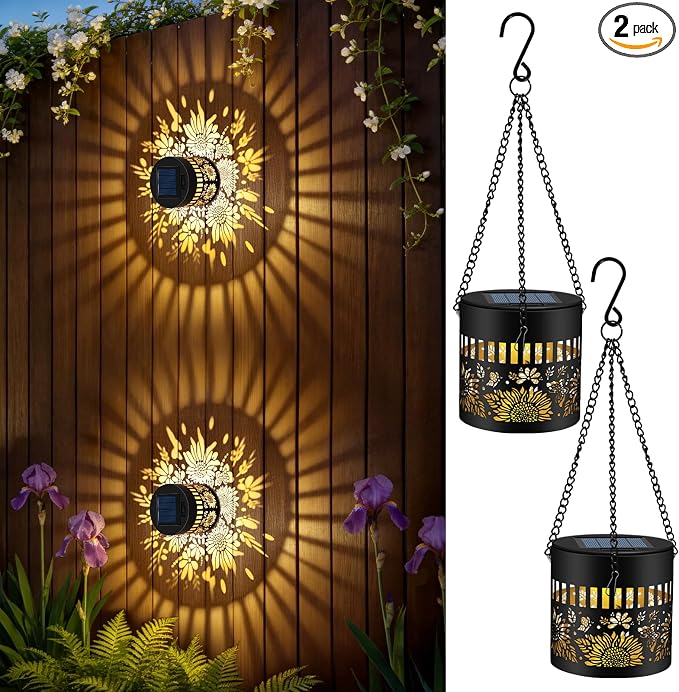 Forlivese 2 Pack Solar Fence Lights Outdoor, Metal Solar Powered Wall Deck Step Lights Sunflower Theme, Hanging LED Waterproof Decorative Lighting for Garden Patio Backyard Post Decor, Warm White