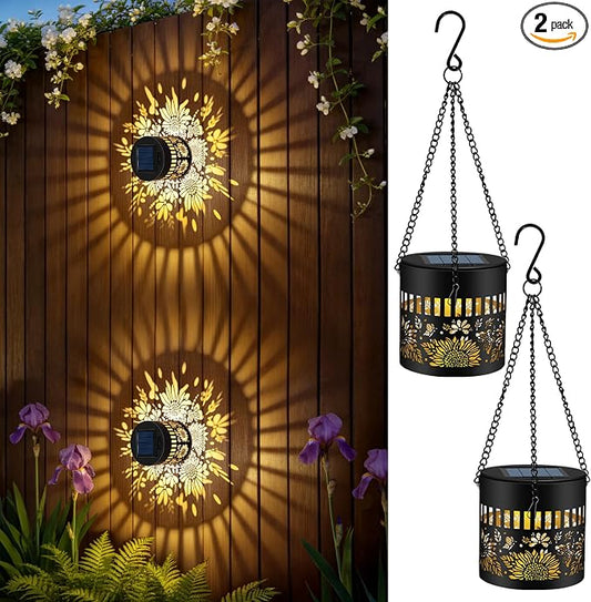 Forlivese 2 Pack Solar Fence Lights Outdoor, Metal Solar Powered Wall Deck Step Lights Sunflower Theme, Hanging LED Waterproof Decorative Lighting for Garden Patio Backyard Post Decor, Warm White