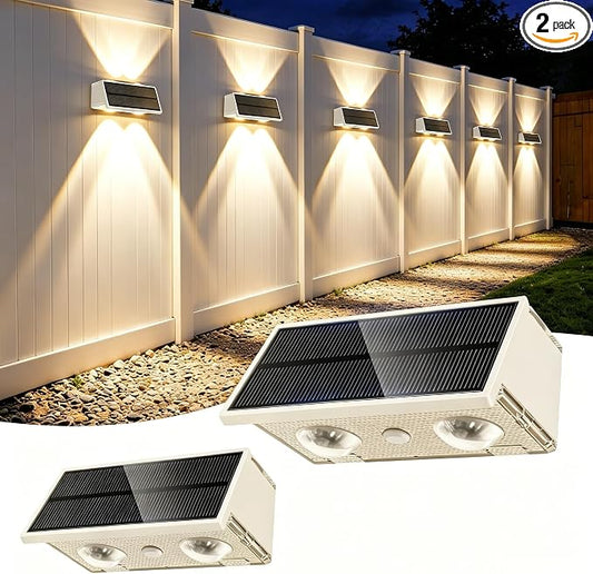 Solar Fence Lights Outdoor, 100LM Fence Lights Solar Powered, 9 Color Modes, Up and Down LED Focused Beam, 12H Dusk to Dawn Glow for Pool/Patio/Wall/Backyard - 2 Pack, Pure White
