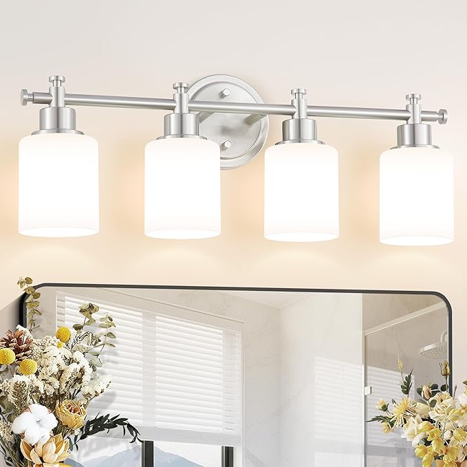 4-Light Bathroom Vanity Light, Brushed Nickel Vanity Light Fixture with White Frosted Glass Shades, Modern Anti-Rust Wall Sconce Over Mirror, Bathroom, Hallway (Bulbs Not Included, E26 Base)