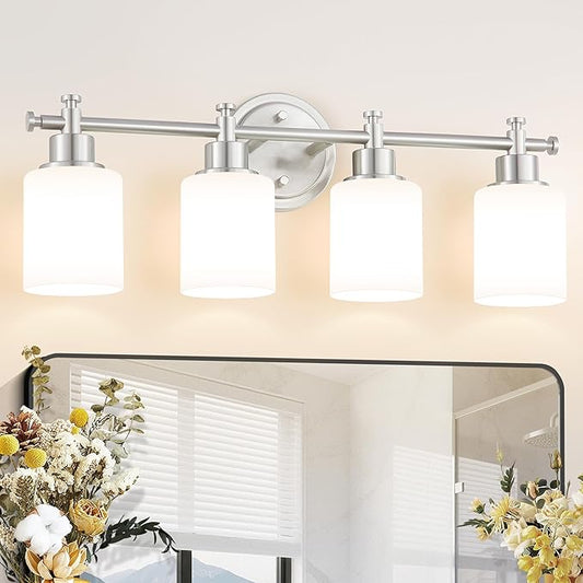 4-Light Bathroom Vanity Light, Brushed Nickel Vanity Light Fixture with White Frosted Glass Shades, Modern Anti-Rust Wall Sconce Over Mirror, Bathroom, Hallway (Bulbs Not Included, E26 Base)