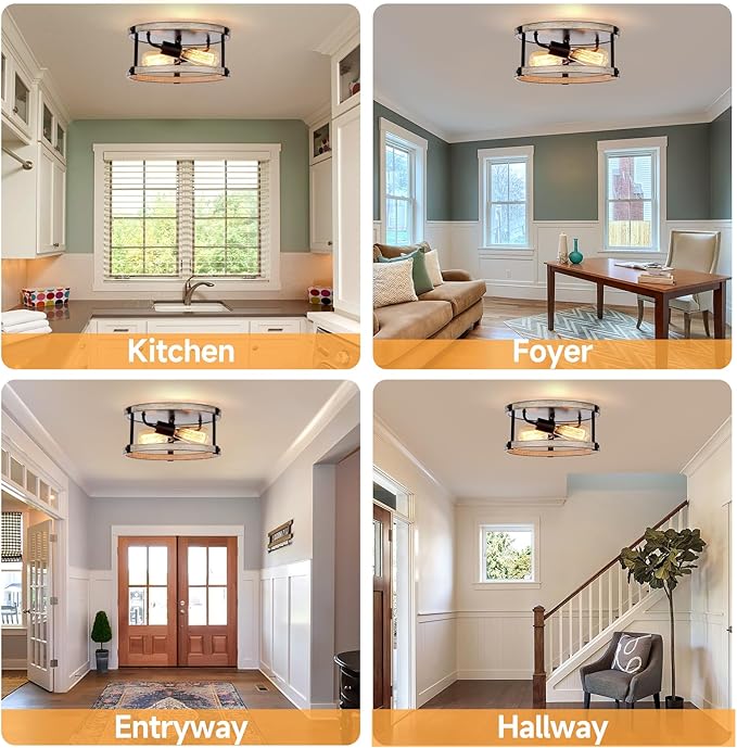 2 Pack Farmhouse Flush Mount Ceiling Light Fixture, 12.5 Inch 2-Light Rustic Ceiling Mount Light Fixtures, Round Drum Oak Wood Finish Flush Mount Lights for Kitchen Bedroom Hallway Dining Room