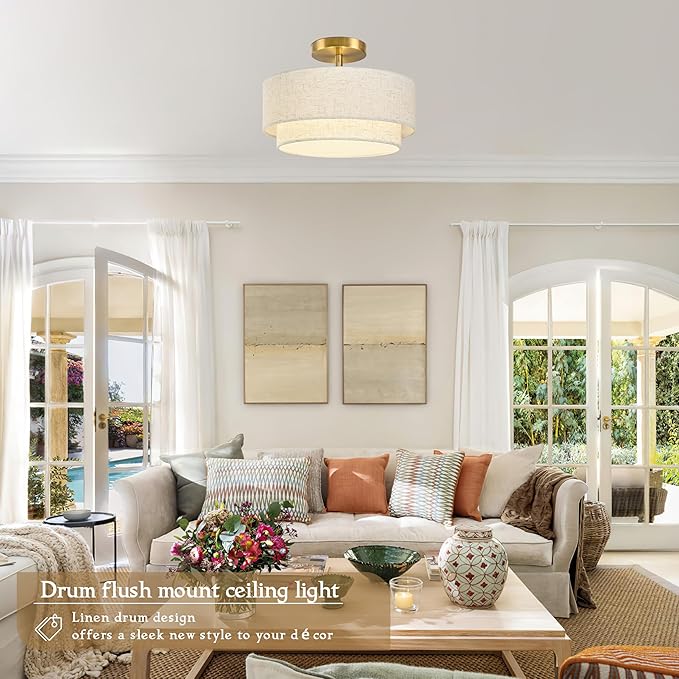 12.6 inch Flush Mount Ceiling Light Gold Close to Lights Fixture with 2-Layer Fabric Shade 3-Light Drum Modern Lights for Dining Room Bedroom Hallway