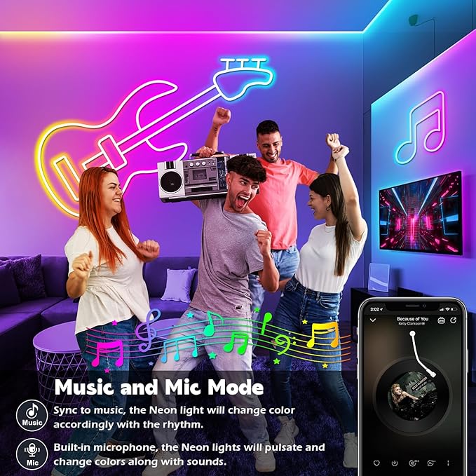 LETIANPAI Neon Rope Lights,Flexible Led Rope Lights Control with App/Remote,Multiple Modes Rope Lights,IP65 Outdoor RGB Led Neon Lights Waterproof,Music Sync Gaming Led Light Strip (32.8FT)