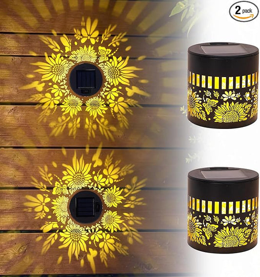 2 PCS Solar Fence Lights Outdoor, Metal Solar Powered Wall Deck Step Lights 2026 New Sunflower, Hanging LED Waterproof Decorative Lighting for Garden Patio Backyard Post Decor(Warm Light)