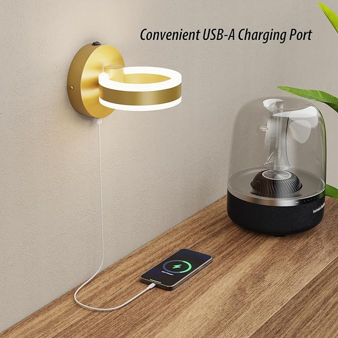 LED Wall Sconces Set of Two with ON/Off Switch, Gold Rotatable Hardwired Wall Light Fixtures, Built in USB Charging Port, Modern Wall Decor for Bed Lighting.