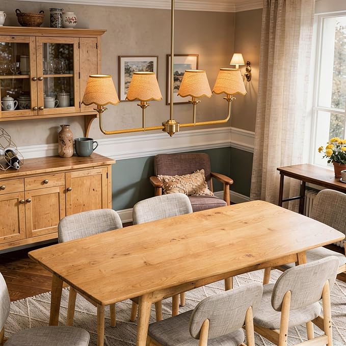 Boho Industrial 4-Light Linear Kitchen Island Light, 39" Gold Rattan Chandelier with Woven Rattan Shades, 180° Rotatable & Height Adjustable Dining Room Lighting for Living Room Bar, E12 Base