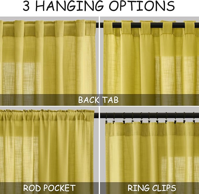 Nanspring Celery Yellow Linen Curtains 108 Inches Long 2 Panels Set Back Tab Loop Pocket Light Filtering Semi Sheer Boho Large Window Decor for High Ceiling Living Room 52x108