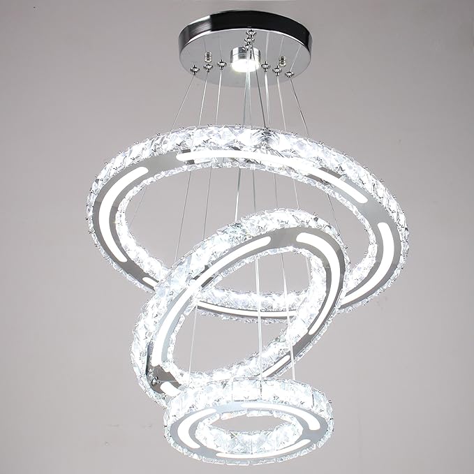 CXGLEAMING Chandeliers Modern Ceiling LED Fixture 3 Rings Adjustable Crystal Light Fixture Ceiling Hanging Pendant Light for Living Room Dining Bedrooms Hall 180mm Base 153 Crystals（White Light）