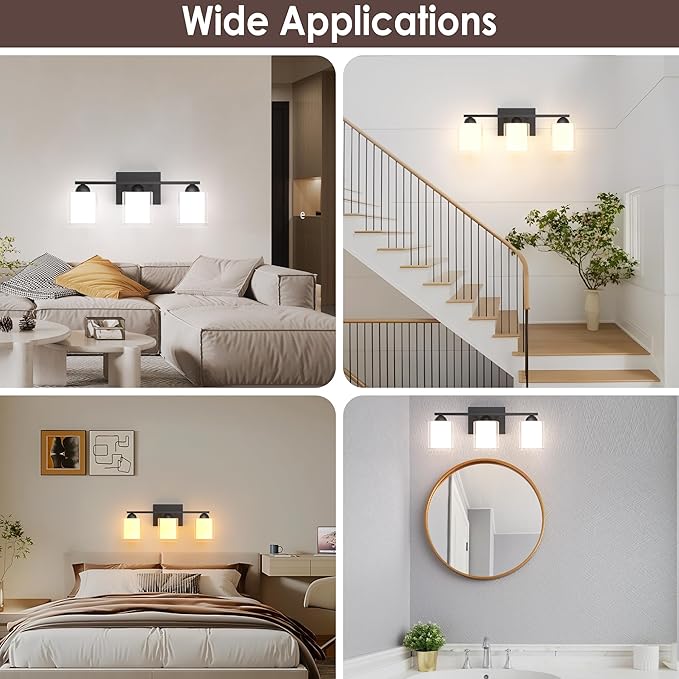 Quntis Black Bathroom Lighting Fixtures Over Mirror with 5 Color Modes, 3 Light Dimmable LED Bathroom Vanity Light, with Eye Care Milk White Frosted Glass, 21W Energy Saving, 16 Inch (Bulbs Included)