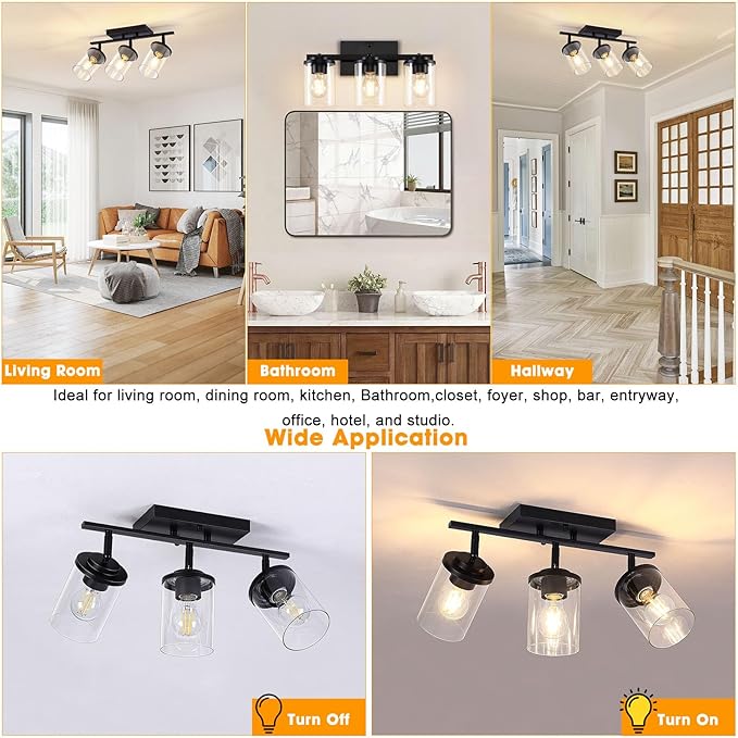 FadimiKoo 3-Lights Semi Flush Mount Ceiling Light, Adjustable Kitchen Light Fixtures Ceiling Mount with Clear Glass Shades, Rotatable Black Track Lighting Fixtures for Hallway, Foyer, Bedroom