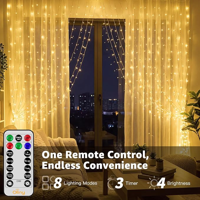 Ollny Curtain Lights 6.6x6.6ft, Plug in String Lights for Indoor Bedroom, 200 LED Connectable Fairy Light with Remote Timer 8 Modes, Waterproof Christmas Light for Outdoor Wedding, Warm White