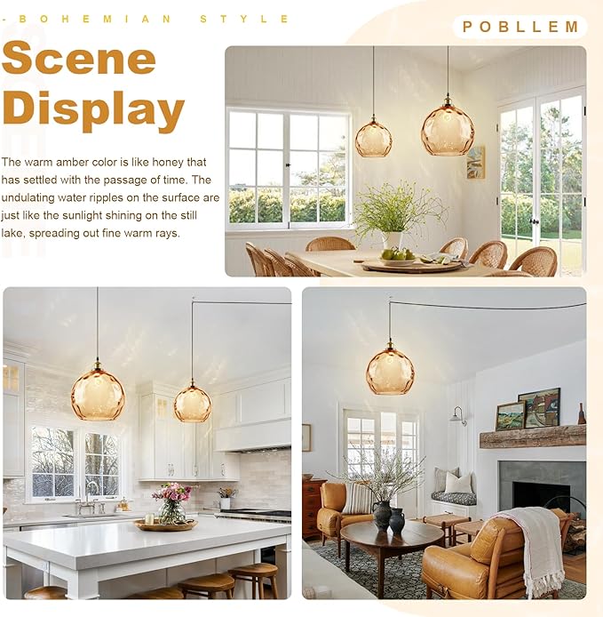 Amber Pendant Lamp Plug in, 13.8" Large Glass Globe Hanging Light Plug in Hanging Lamp with Cord, Vintage Hammered Glass Corded Pendant Light Fixture for Kitchen Dining Room Living Room
