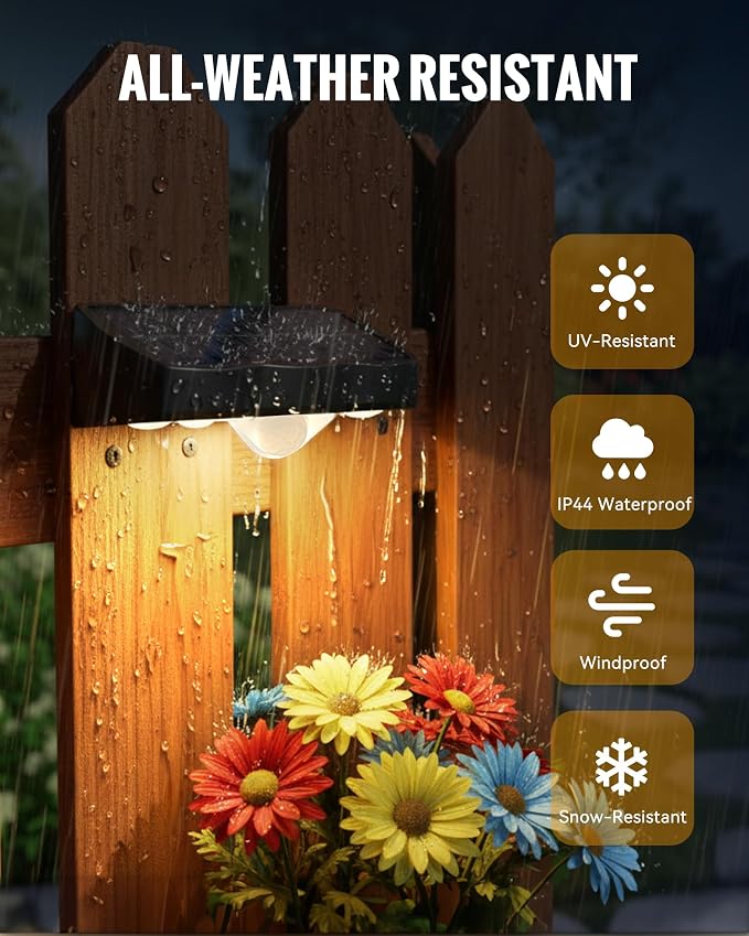 Solar Fence Lights Outdoor, Fence Light Solar Powered 4 Pack, 3 Modes Motion Sensor Outdoor Waterproof, 4 LEDs Warm White Outdoor Security Light for Fence Patio Yard Gate Garage Pool Wall