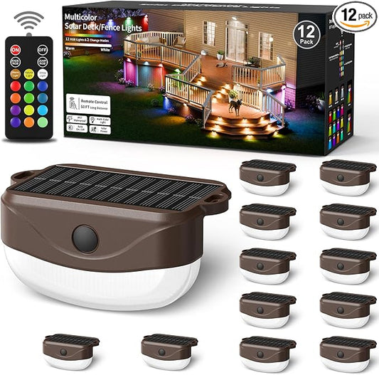 Solar Deck Lights Outdoor 12 Pack, 12 Color Changing Solar Powered Step Lighting with Remote, IP67 Waterproof Led RGB Colors Lamp for Outside Fence, Step, Stair Railing, Wall, Patio, Pool