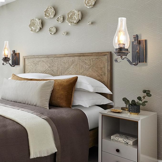 Yisuro Hardwired Wall Sconce,Oil Rubbed Bronze Hardwired Wall Sconce Indoor, Retro Rustic Wall Lamps with Amber Glass,Vintage Bedside Sconces Wall Lighting for Living Room Bathroom