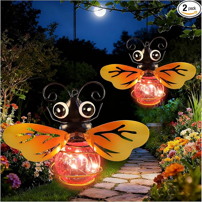 2 Pack Bee Garden Decor with Bouncy Springs Pendant Lights Birthday Gifts for Women Mom Grandma,Hanging Solar Lights Outside Waterproof Metal Solar Outdoor Decoration for Yard, Porch,Patio,Backyard