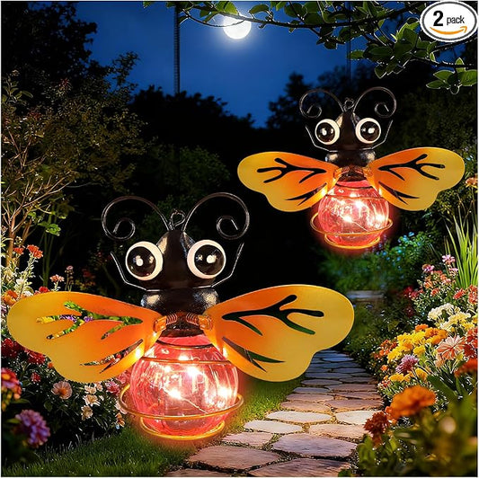 2 Pack Bee Garden Decor with Bouncy Springs Pendant Lights Birthday Gifts for Women Mom Grandma,Hanging Solar Lights Outside Waterproof Metal Solar Outdoor Decoration for Yard, Porch,Patio,Backyard