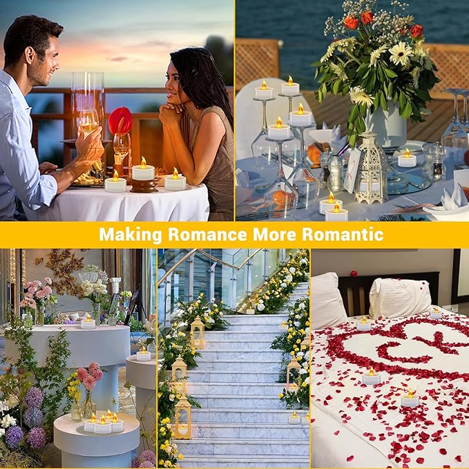 50 Pack LED Tea Lights Bulk, Realistic Flickering Battery Candles (200+ Hours), Warm Amber Flameless Votives for Church Vigils, Restaurant Ambiance, Spa & Wedding Reception (Warm Yellow)