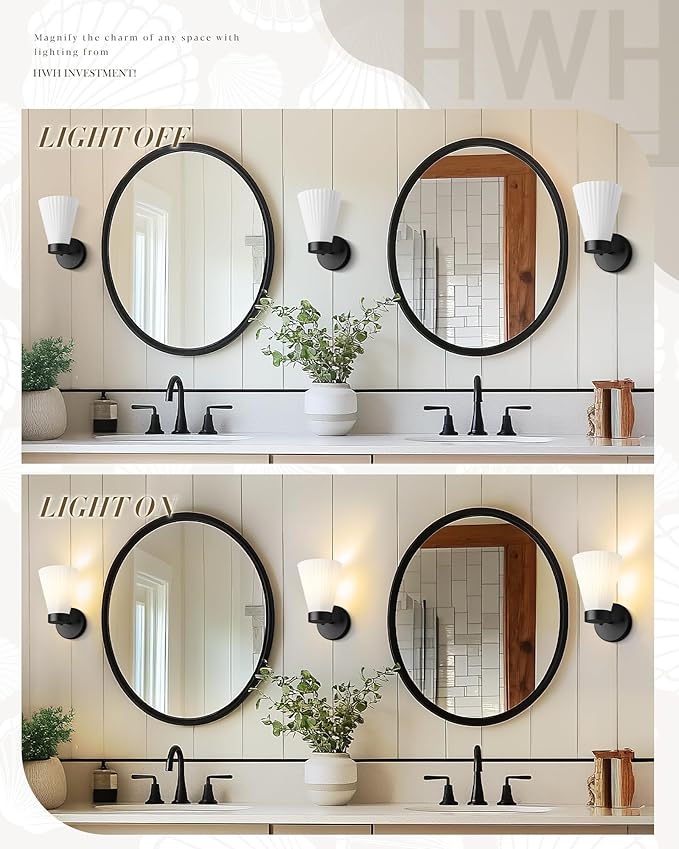 Indoor Wall Light Fixture, HWH Modern Wall Sconce Vanity Light with Frosted White Striped Glass Shade, Matte Black Single Wall Sconce for Bathroom Bedroom, 5HZG97B BK