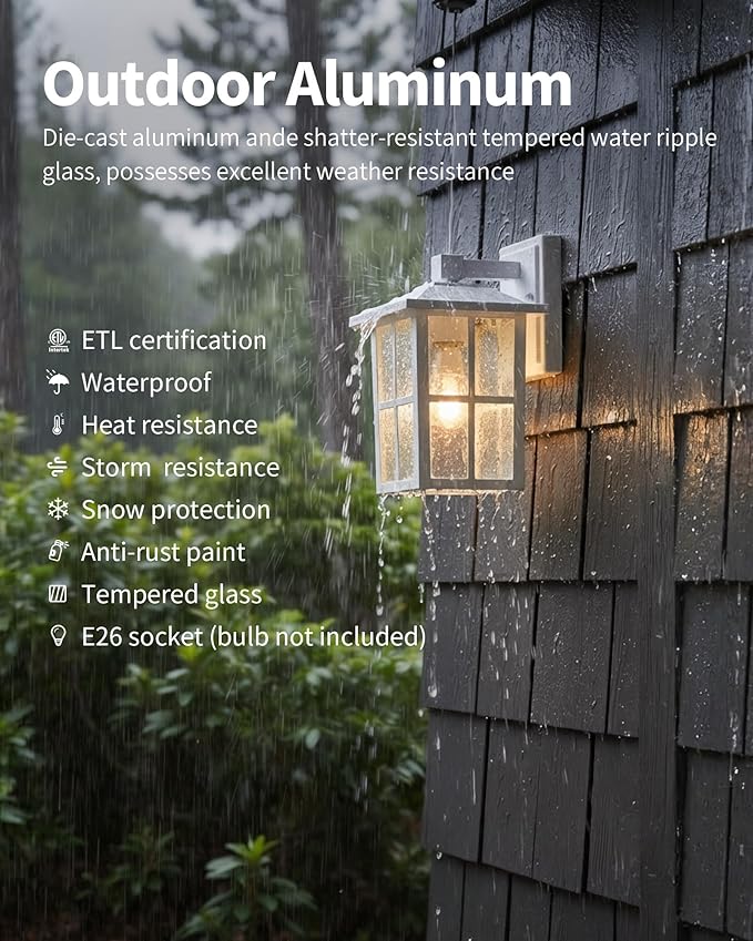 KDG Outdoor Waterproof Patio Wall Light Fixtures Set of 2, White E26 Socket Exterior Lanterns with Tempered Glass, Modern Wall Mounted Lamp Suitable for Home, Front Door, Garden, Garage, Porch