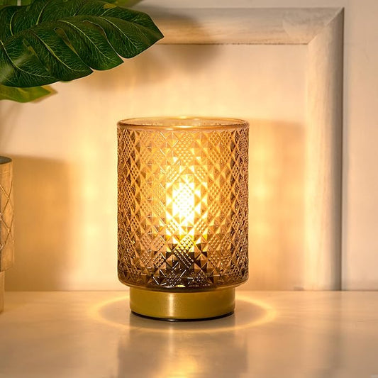 LUSHARBOR Battery Operated Lamp with Timer, Small Table Lamp Bedside Decor Ambient Light, Glass Cordless Battery Lamp for Bookshelf Living Room Entryway Diamond Design-Amber