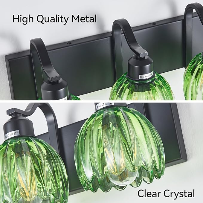3-Light Black Vanity Lights with Green Tulip Glass Shade, Bathroom Lighting Fixture Over Mirror, Vintage Vanity Wall Sconce Lamp for Kitchen Living Room Hallway