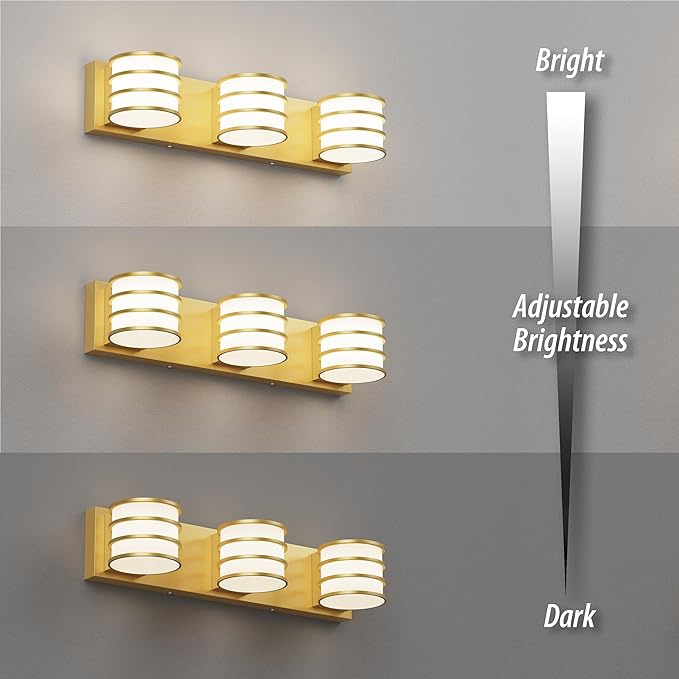 LED Bathroom Vanity Light - 20.5 Inch Gold 3-Light Fixture with White Acrylic Shades, 6000K Cool White, Mirror Lighting for Bathroom, Bedroom, Hallway, Living Room Wall Sconce