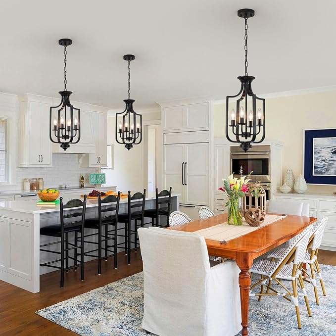 10.63" Black Chandelier 4-Lights Modern Farmhouse Lantern Chandeliers for Dining Room Rustic Metal Cage Industrial Vintage Adjustable Pendant Light Fixture for Foyer Kitchen Entryway Hallway E12