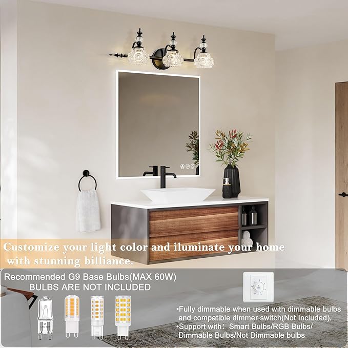 Bathroom Vanity Light Fixtures, Farmhouse Vintage Wall Sconce Lighting with Glass Shade, Bath Vintage Wall Mounted Lamps for Mirror (3 Lights,Matte Black,G9 Base)