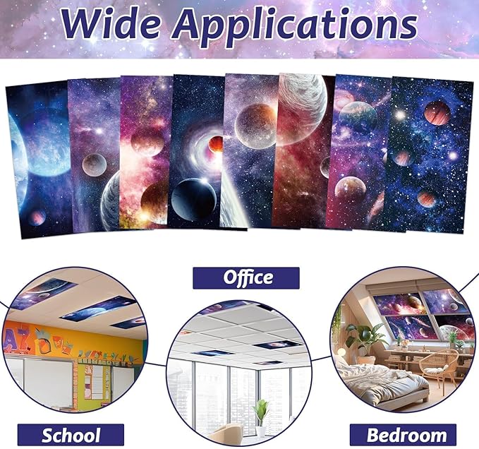 8 Pack Fluorescent Light Covers with 80 Magnets Decorative for Classroom Ceiling Light 4 x 2 Feet Magnetic Light Covers Filter Easy Install for Office Hospitals & Home Drop Ceiling Supplies(Planet )