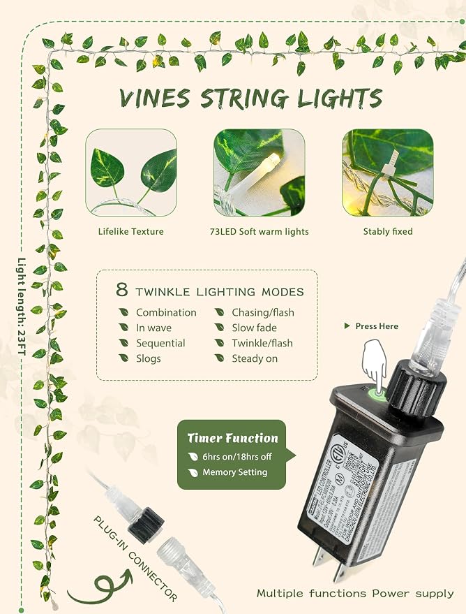 Vine with Fairy Lights,23FT 73LED Ivy Leaves String Lights Plug in,Twinkle Fake Pothos Garland Lights Indoor Outdoor for Bedroom,Dorm,Ceiling,Spring,Wedding,Birthday,Wall Decor(Warm White)