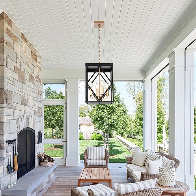 Outdoor Pendant Light for Porch, 4-Light Modern Metal Exterior Hanging Lantern Pendant Light Outside Chandelier Black with Clear Glass or Front Porch Entrance Foyer Entryway, Brass Socket
