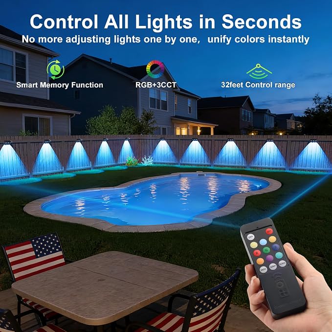 JOFIOS Solar Fence Lights with Remote 12 Pack, Color Changing RGB & Warm White, 12 Dynamic Modes, IP65 Waterproof, Solar Lights for Fence, Deck, Backyard, Patio Holiday & Party Decoration